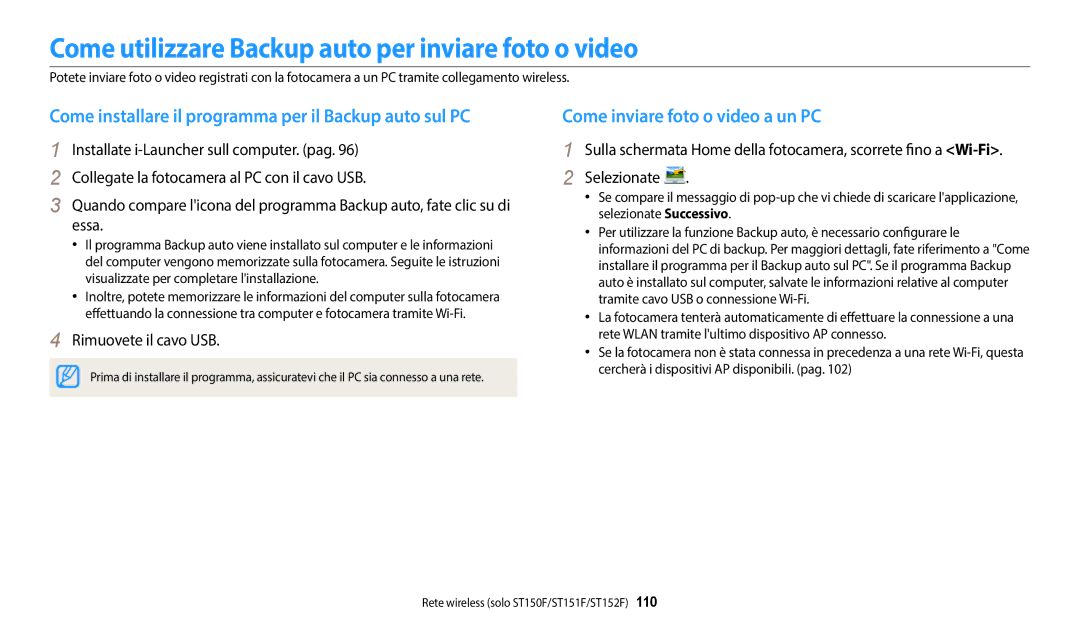 Samsung EC-ST152FBDBE1 manual Come utilizzare Backup auto per inviare foto o video, Come inviare foto o video a un PC 