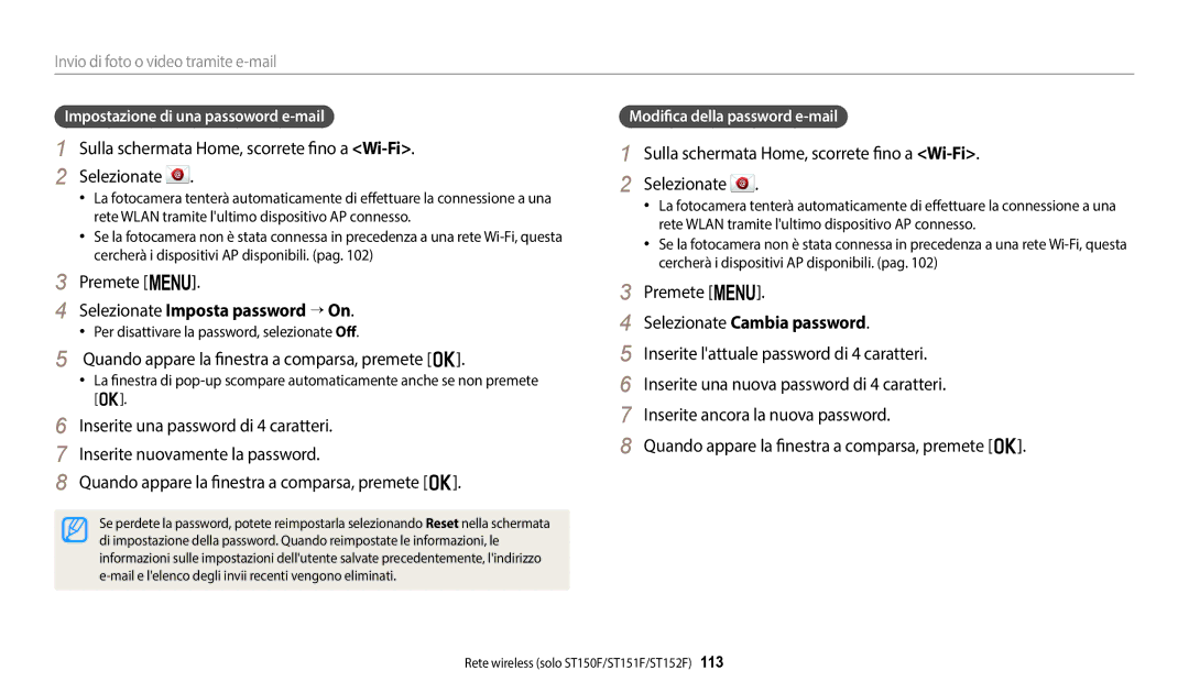 Samsung EC-ST150FBPPE1, EC-ST72ZZBPBE1 Selezionate Imposta password → On, Quando appare la finestra a comparsa, premete o 