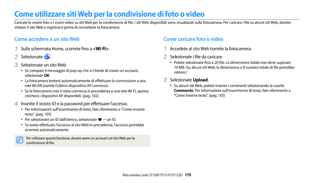 Samsung EC-ST150FBPBE1, EC-ST72ZZBPBE1 manual Come accedere a un sito Web, Come caricare foto o video, Selezionate Upload 