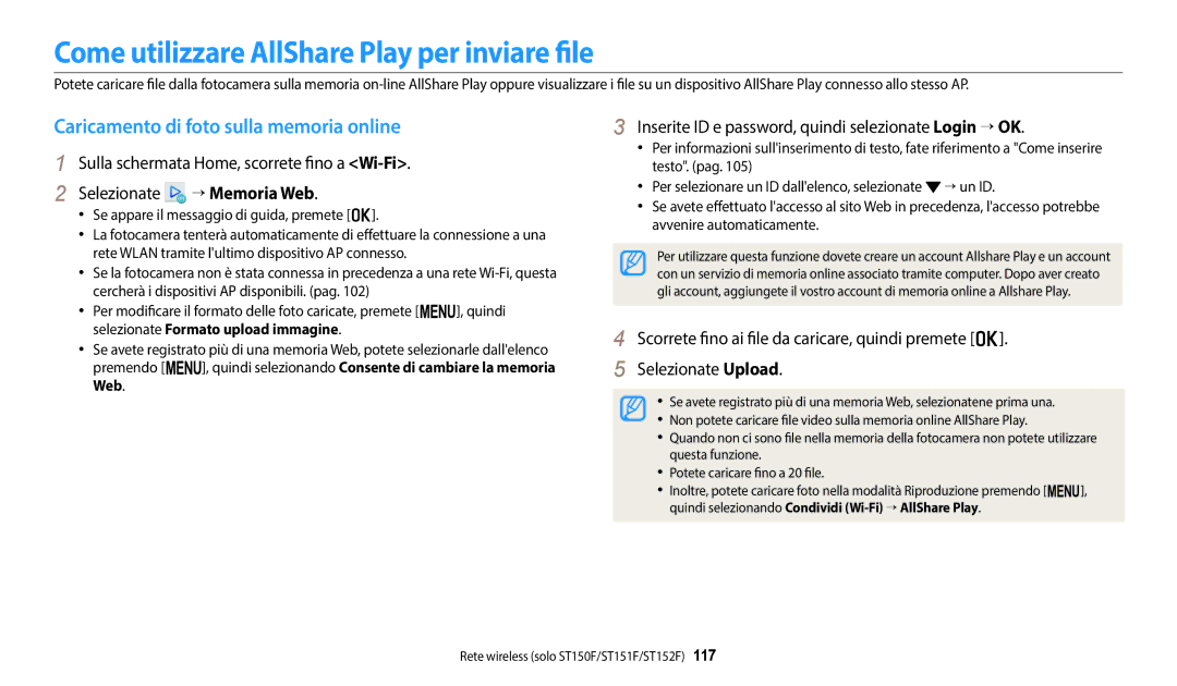 Samsung EC-ST150FBPWE1 manual Come utilizzare AllShare Play per inviare file, Caricamento di foto sulla memoria online 