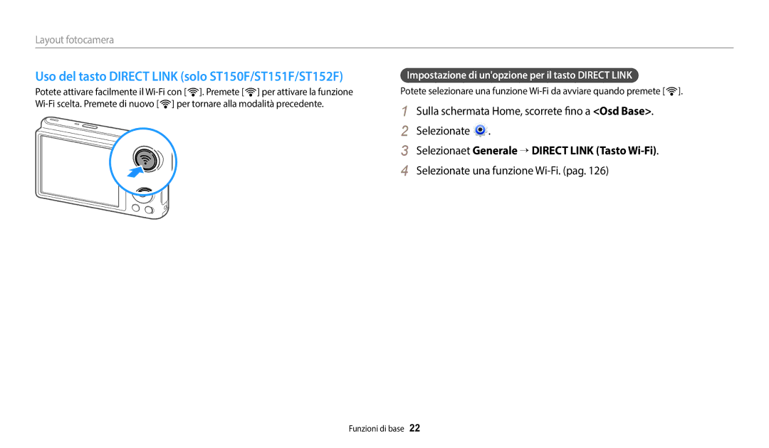 Samsung EC-ST152FBDBE1 Sulla schermata Home, scorrete fino a Osd Base Selezionate, Selezionate una funzione Wi-Fi. pag 