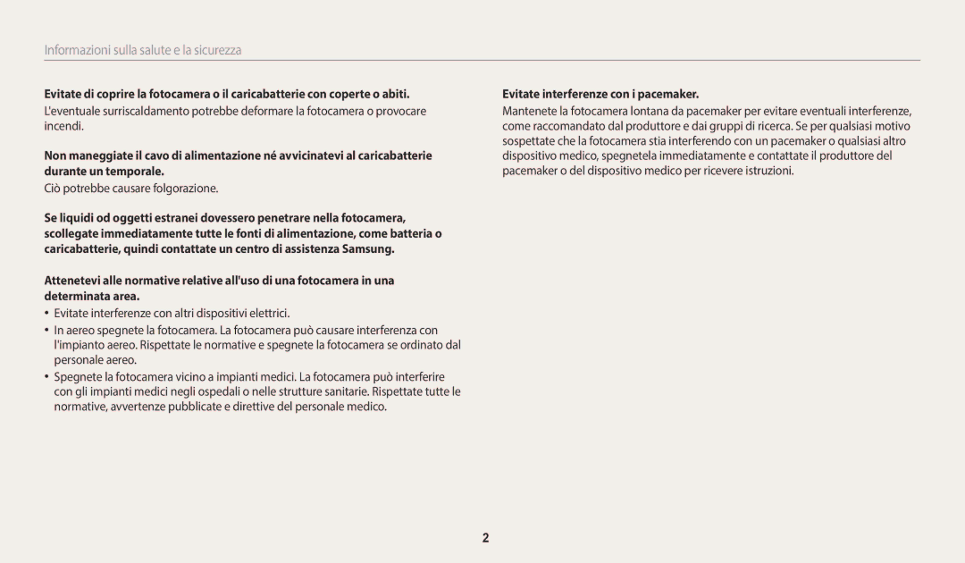 Samsung EC-ST72ZZBPWE1, EC-ST72ZZBPBE1 manual Informazioni sulla salute e la sicurezza, Evitate interferenze con i pacemaker 