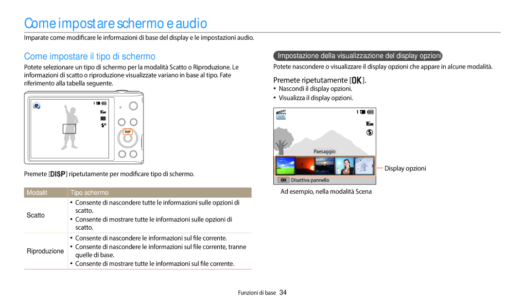 Samsung EC-ST72ZZBPWE1 manual Come impostare schermo e audio, Come impostare il tipo di schermo, Premete ripetutamente o 