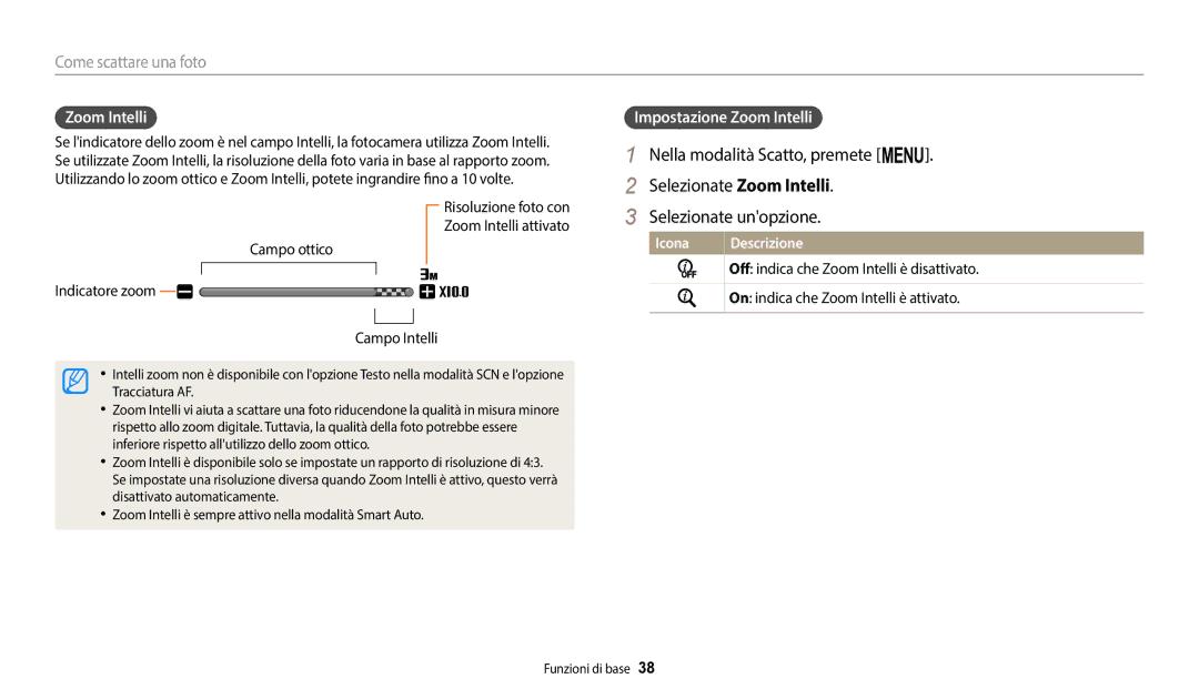 Samsung EC-ST152FBDBE1, EC-ST72ZZBPBE1 manual Impostazione Zoom Intelli, Campo ottico Indicatore zoom Campo Intelli 
