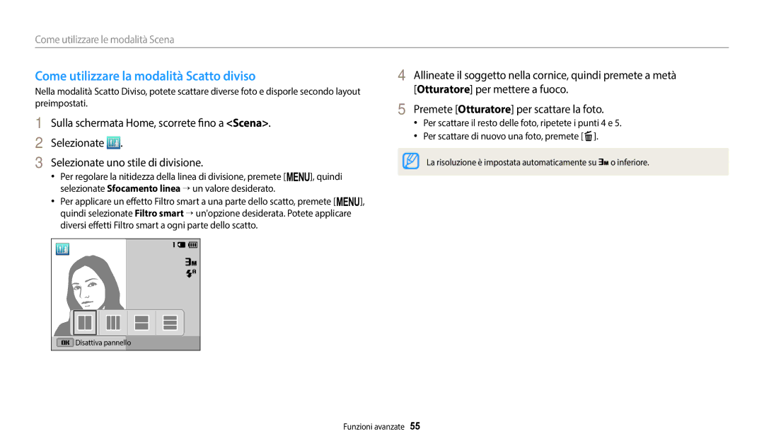 Samsung EC-ST72ZZBPBE1, EC-ST152FBDWE1, EC-ST150FBPPE1, EC-ST72ZZBPWE1 manual Come utilizzare la modalità Scatto diviso 