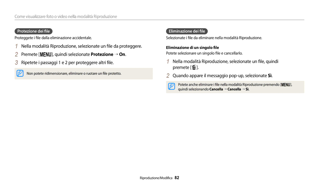 Samsung EC-ST72ZZBPWE1, EC-ST72ZZBPBE1 manual Protezione dei file, Eliminazione dei file, Eliminazione di un singolo file 