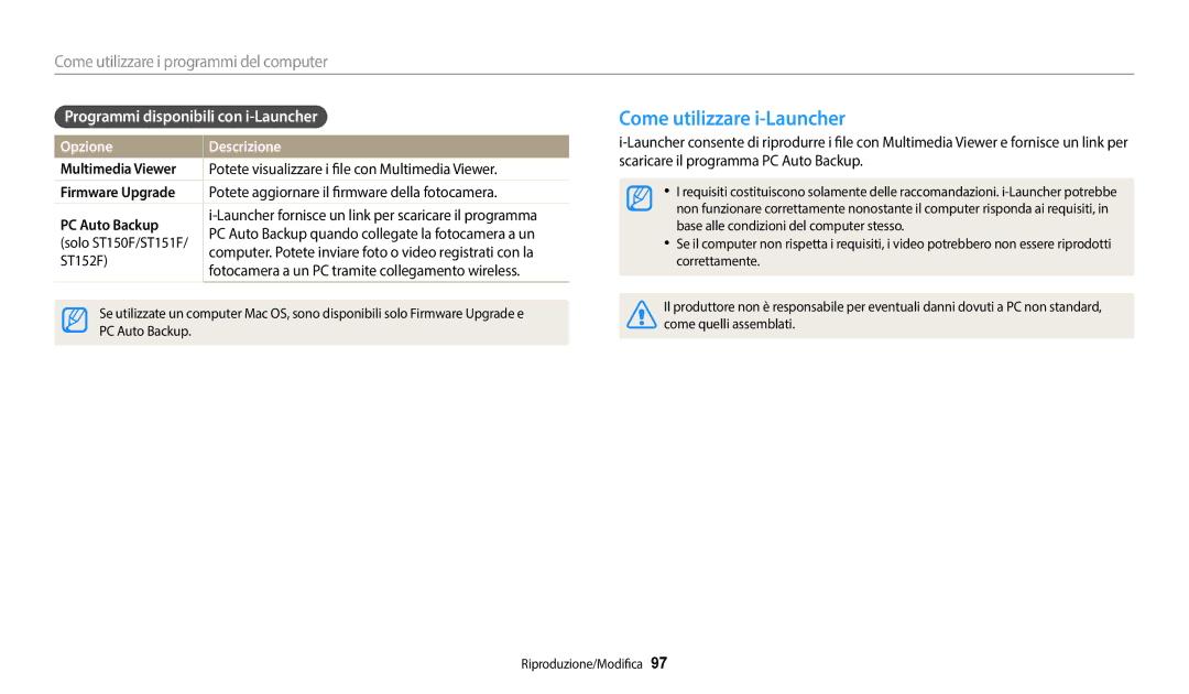 Samsung EC-ST150FBPPE1 Come utilizzare i-Launcher, Programmi disponibili con i-Launcher, Multimedia Viewer, PC Auto Backup 