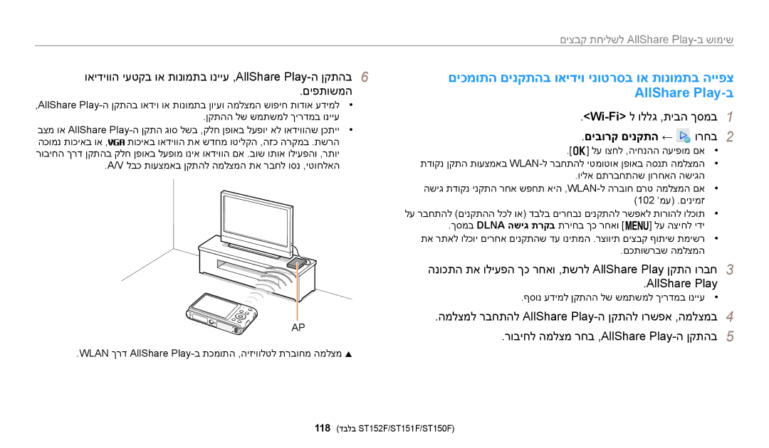 Samsung EC-ST150FBPWIL, EC-ST72ZZBPBIL manual םיבורק םינקתה ← ורחב2, הנוכתה תא וליעפה ךכ רחאו ,תשרל AllShare Play ןקתה ורבח3 