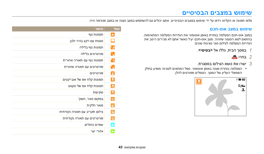 Samsung EC-ST150FBPSIL, EC-ST72ZZBPBIL, EC-ST72ZZBPRIL, EC-ST150FBPPIL manual םייסיסבה םיבצמב שומיש, םכח-טוא בצמב שומיש 