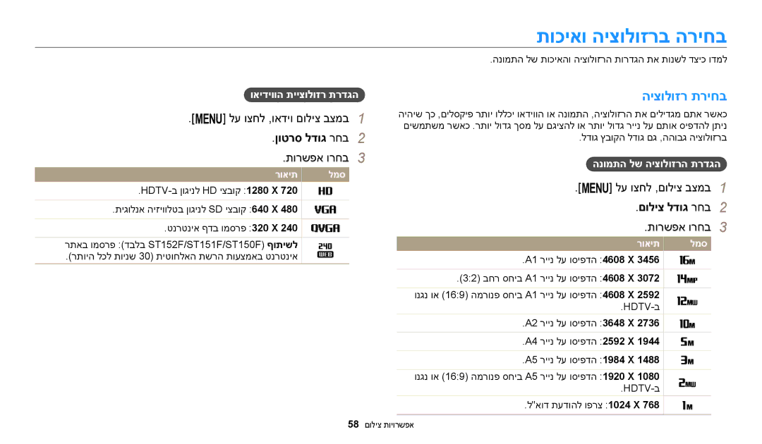 Samsung EC-ST150FBPBIL, EC-ST72ZZBPBIL תוכיאו היצולוזרב הריחב, היצולוזר תריחב, לע וצחל ,ואדיו םוליצ בצמב1, ןוטרס לדוג רחב2 