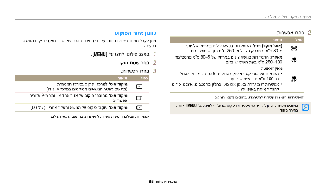 Samsung EC-ST150FBPPIL, EC-ST72ZZBPBIL manual סוקופה רוזא ןונווכ, דקומ חטש רחב2, שינוי המיקוד של המצלמה, ’טוא-ורקאמ 