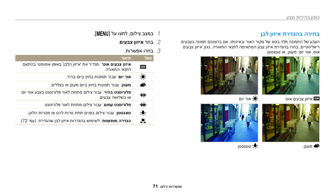 Samsung EC-ST72ZZBPBIL, EC-ST72ZZBPRIL, EC-ST150FBPPIL, EC-ST150FBPBIL manual ןבל ןוזיא תרדגהב הריחב, םיעבצ ןוזיא רחב2 