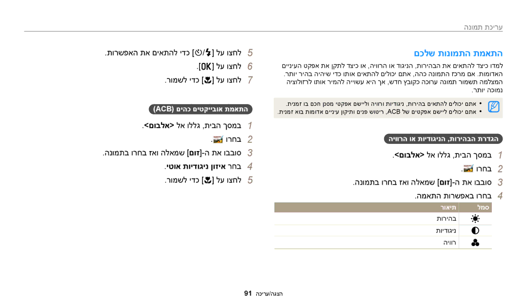 Samsung EC-ST150FBPSIL manual םכלש תונומתה תמאתה, יטוא תוידוגינ ןוזיא רחב4, Acb םיהכ םיטקייבוא תמאתה, תוריהב תוידוגינ היוור 