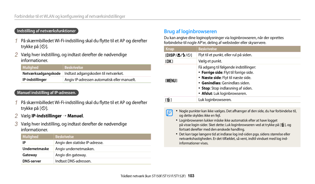 Samsung EC-ST150FBPWE2, EC-ST72ZZBPWE2 Brug af loginbrowseren, Trykke på t, Informationer, Vælg IP-indstillinger → Manuel 