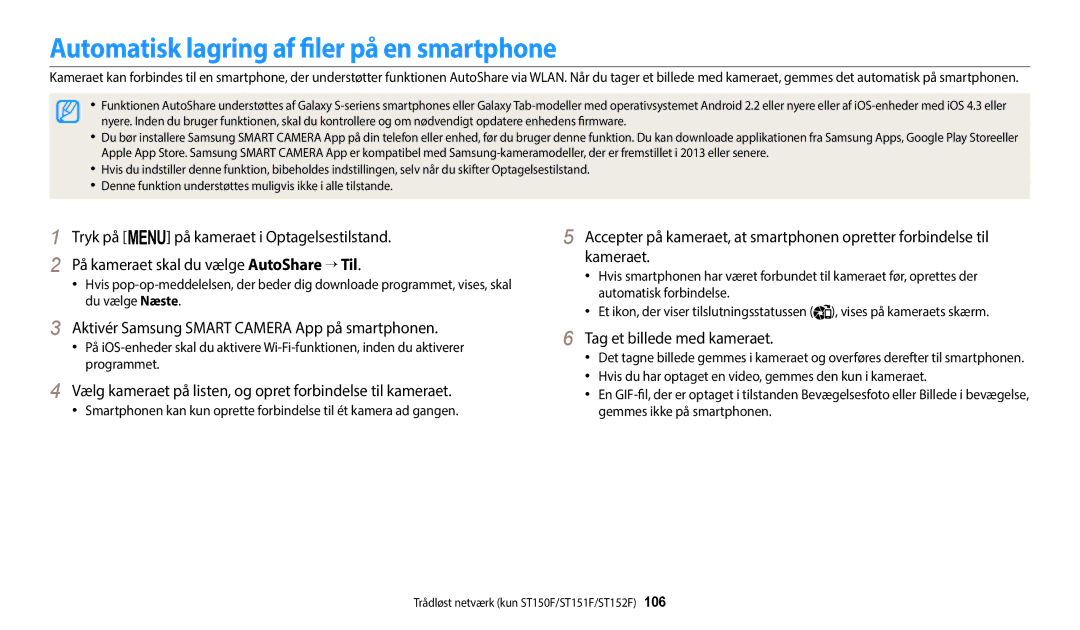 Samsung EC-ST72ZZBPLE2 manual Automatisk lagring af filer på en smartphone, Aktivér Samsung Smart Camera App på smartphonen 