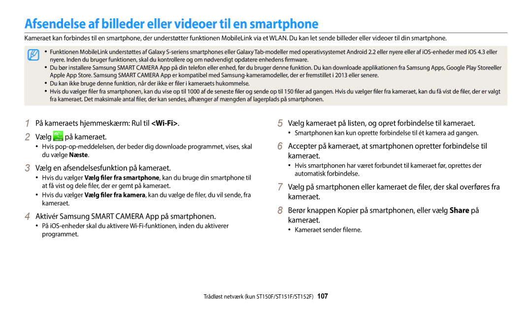 Samsung EC-ST72ZZBPWE2 Afsendelse af billeder eller videoer til en smartphone, Vælg en afsendelsesfunktion på kameraet 