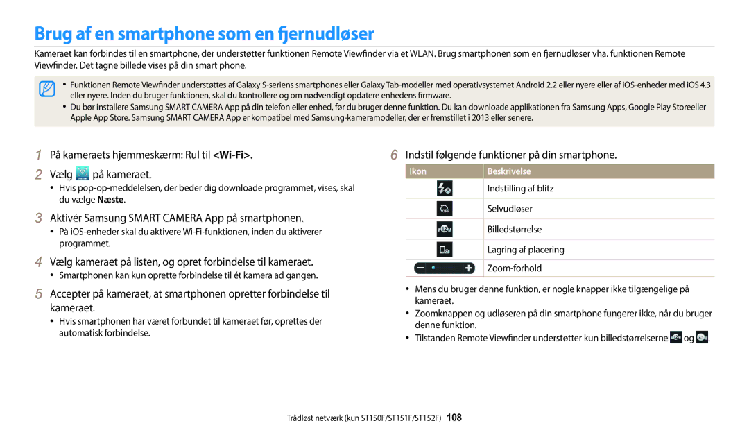 Samsung EC-ST150FBPPE2 manual Brug af en smartphone som en fjernudløser, Indstil følgende funktioner på din smartphone 