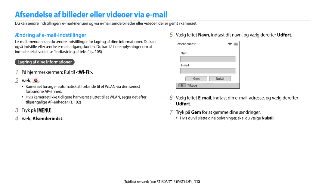 Samsung EC-ST72ZZBPLE2, EC-ST72ZZBPWE2 Afsendelse af billeder eller videoer via e-mail, Ændring af e-mail-indstillinger 