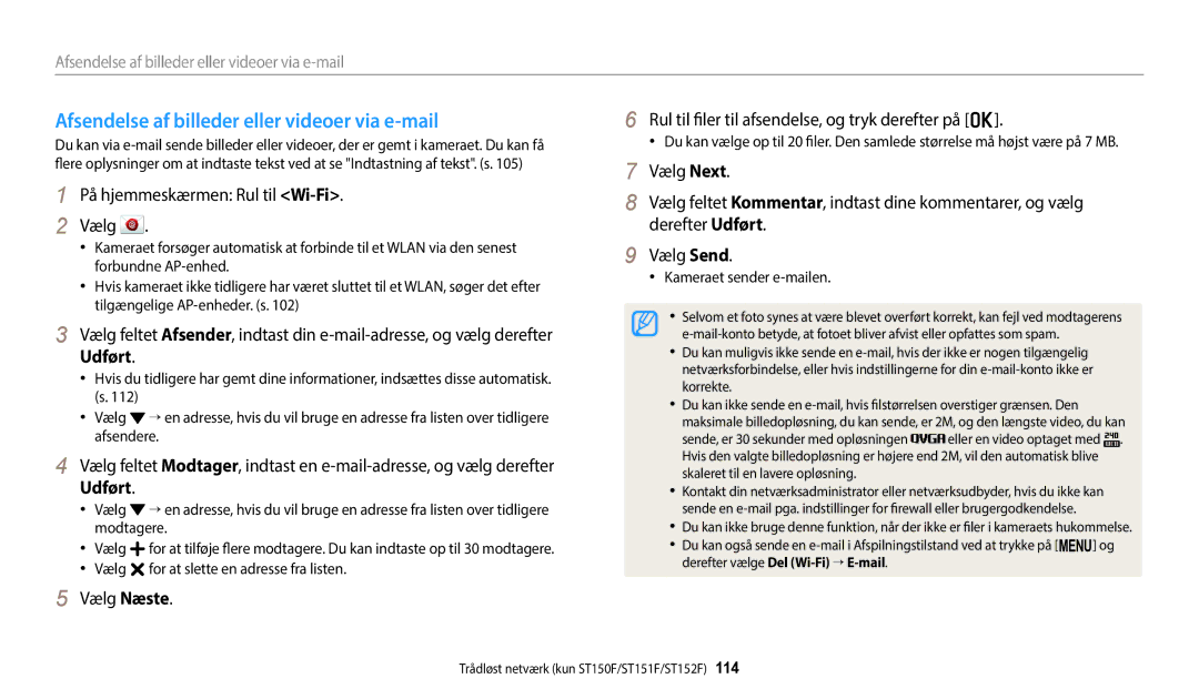 Samsung EC-ST150FBPPE2, EC-ST72ZZBPWE2 manual Afsendelse af billeder eller videoer via e-mail, Kameraet sender e-mailen 