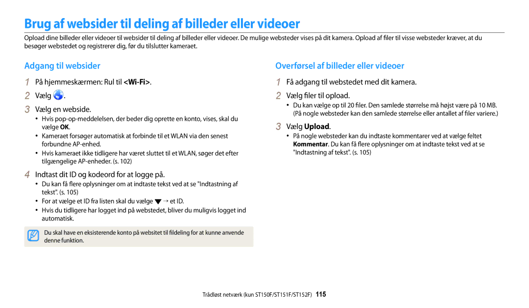 Samsung EC-ST150FBPWE2, EC-ST72ZZBPWE2 manual Brug af websider til deling af billeder eller videoer, Adgang til websider 