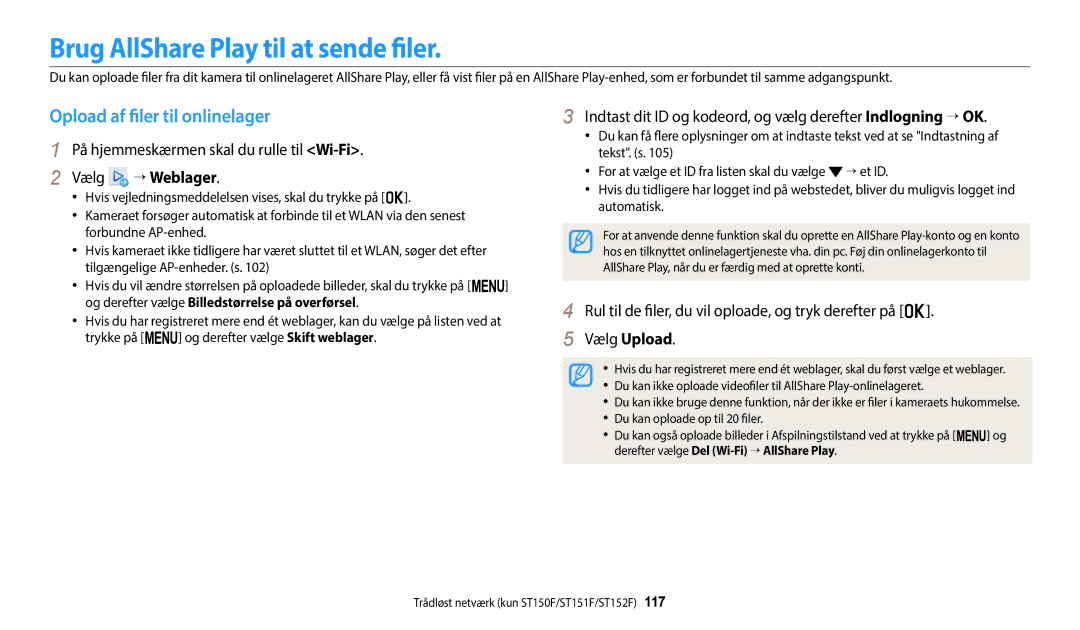 Samsung EC-ST150FBPBE2, EC-ST72ZZBPWE2 manual Brug AllShare Play til at sende filer, Opload af filer til onlinelager 