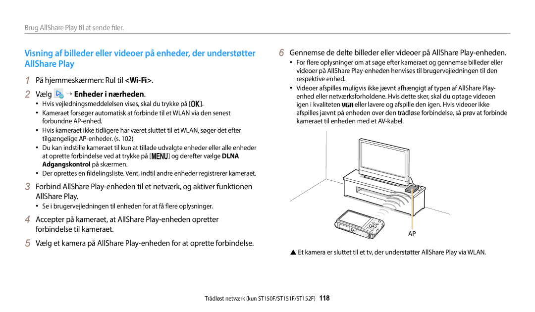 Samsung EC-ST72ZZBPLE2 manual AllShare Play, På hjemmeskærmen Rul til Wi-Fi, → Enheder i nærheden, Respektive enhed 