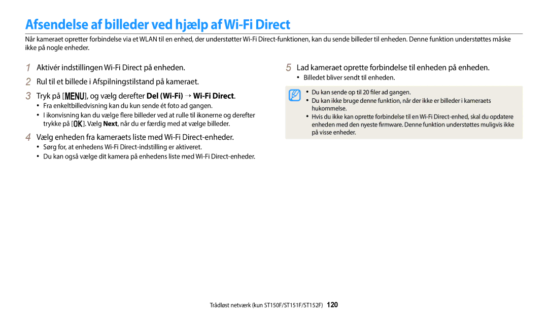 Samsung EC-ST150FBPPE2, EC-ST72ZZBPWE2, EC-ST150FBPWE2, EC-ST72ZZBPBE2 manual Afsendelse af billeder ved hjælp af Wi-Fi Direct 