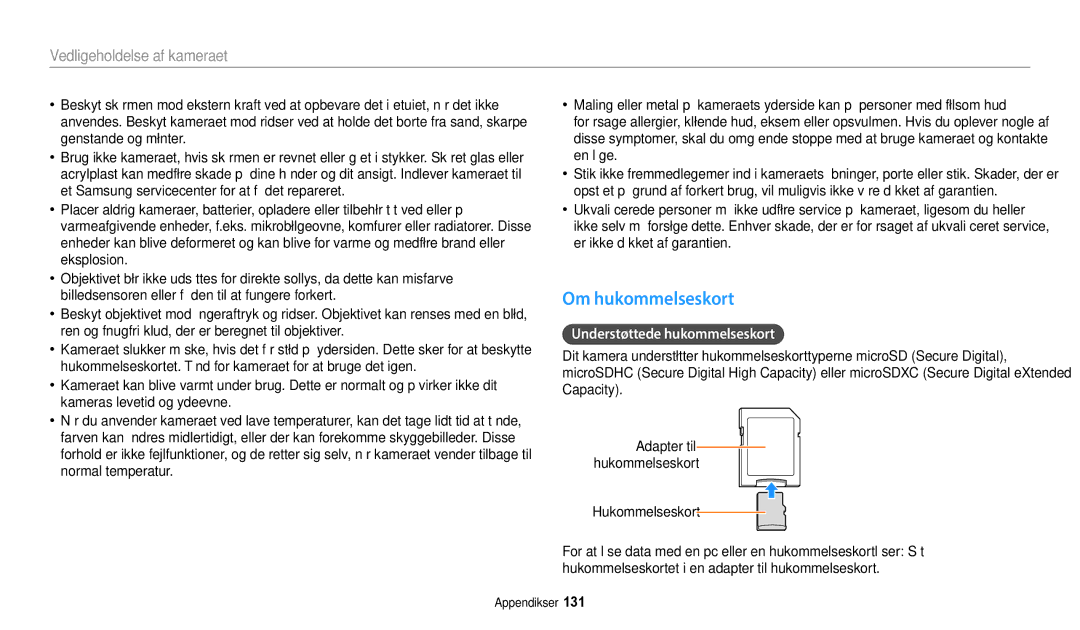 Samsung EC-ST72ZZBPWE2, EC-ST150FBPPE2, EC-ST150FBPWE2, EC-ST72ZZBPBE2 Om hukommelseskort, Understøttede hukommelseskort 