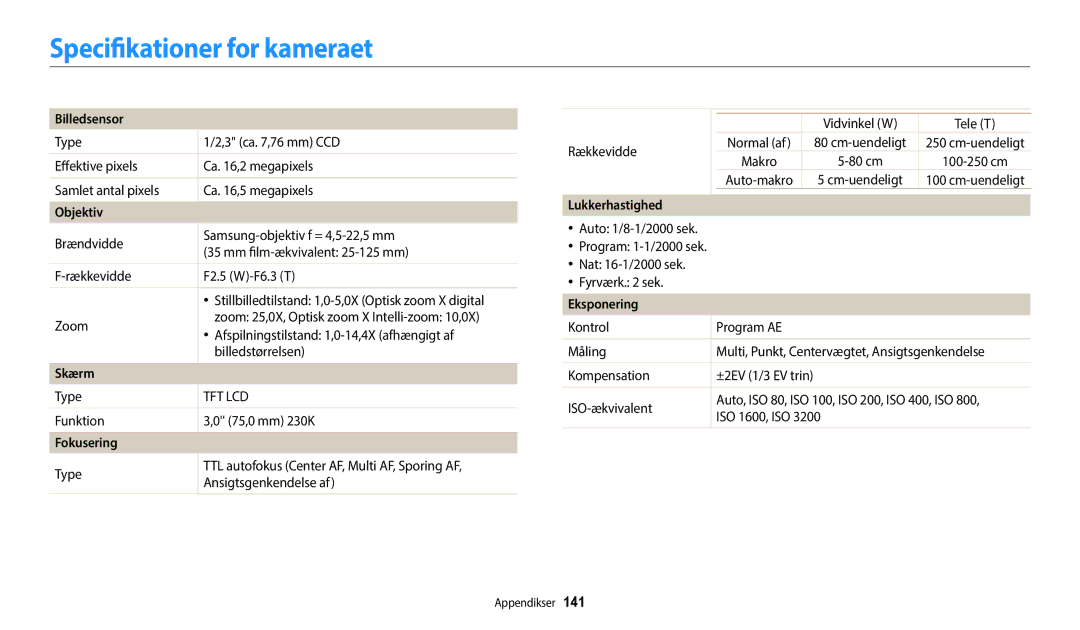 Samsung EC-ST150FBPBE2 manual Specifikationer for kameraet, Billedsensor, Fokusering, Lukkerhastighed, Eksponering 