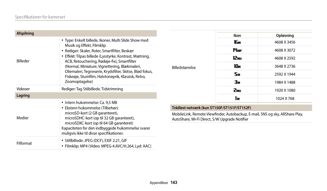 Samsung EC-ST72ZZBPWE2, EC-ST150FBPPE2, EC-ST150FBPWE2 Lagring, Ikon Opløsning, Trådløst netværk kun ST150F/ST151F/ST152F 