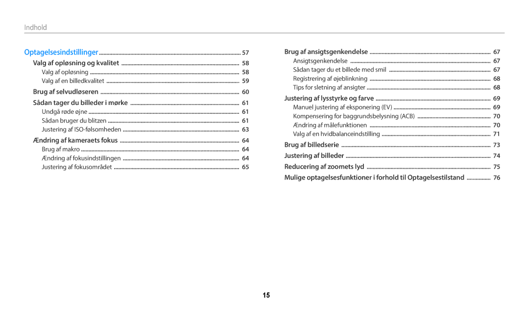 Samsung EC-ST150FBPBE2, EC-ST72ZZBPWE2, EC-ST150FBPPE2, EC-ST150FBPWE2, EC-ST72ZZBPBE2, EC-ST72ZZBPLE2 manual Indhold 