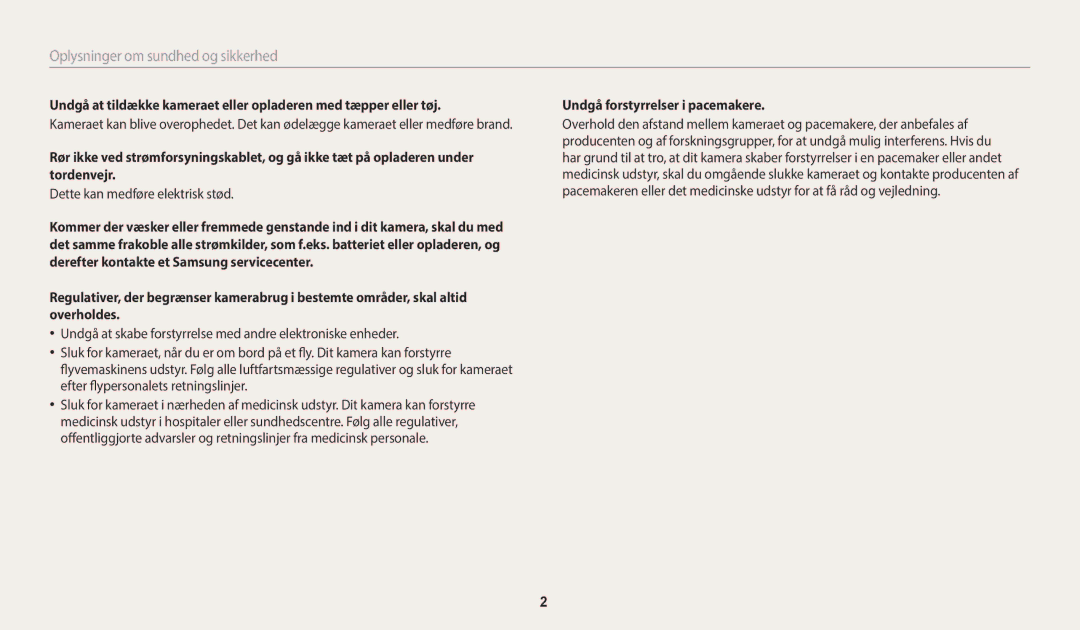 Samsung EC-ST72ZZBPBE2, EC-ST72ZZBPWE2 manual Oplysninger om sundhed og sikkerhed, Undgå forstyrrelser i pacemakere 