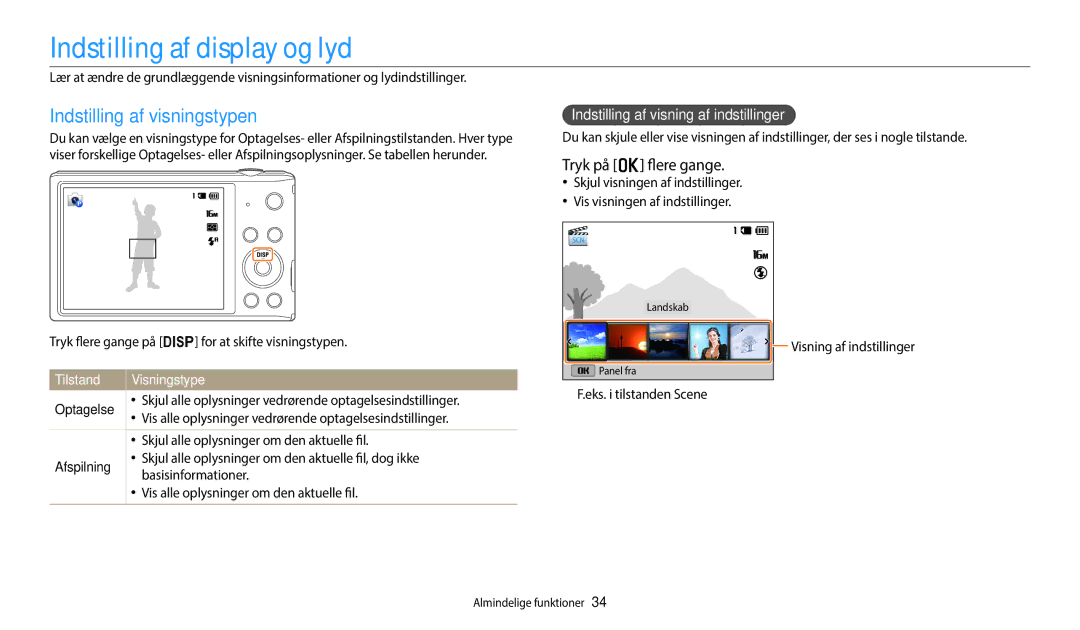 Samsung EC-ST72ZZBPLE2, EC-ST72ZZBPWE2 Indstilling af display og lyd, Indstilling af visningstypen, Tryk på o flere gange 