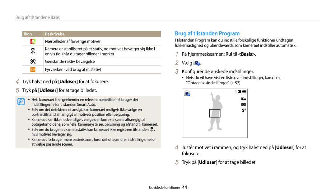 Samsung EC-ST72ZZBPBE2 manual Brug af tilstanden Program, Nærbilleder af farverige motiver, Genstande i aktiv bevægelse 