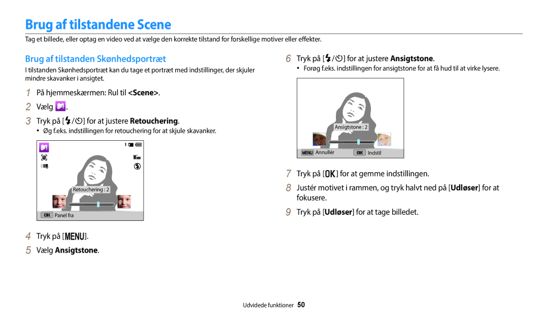 Samsung EC-ST72ZZBPBE2, EC-ST72ZZBPWE2 Brug af tilstandene Scene, Brug af tilstanden Skønhedsportræt, Vælg Ansigtstone 