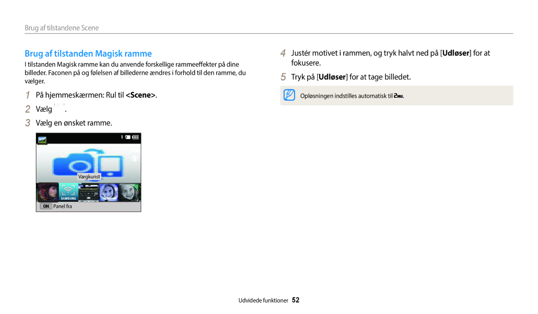 Samsung EC-ST72ZZBPLE2 manual Brug af tilstanden Magisk ramme, På hjemmeskærmen Rul til Scene Vælg Vælg en ønsket ramme 