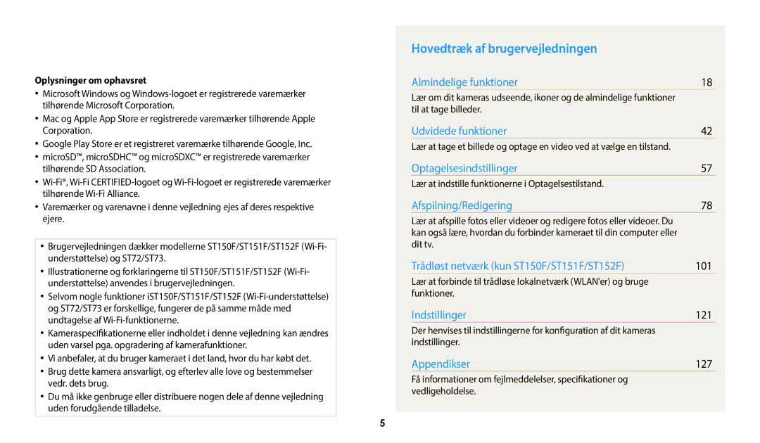 Samsung EC-ST72ZZBPWE2, EC-ST150FBPPE2 manual Hovedtræk af brugervejledningen, 101, 121, 127, Oplysninger om ophavsret 