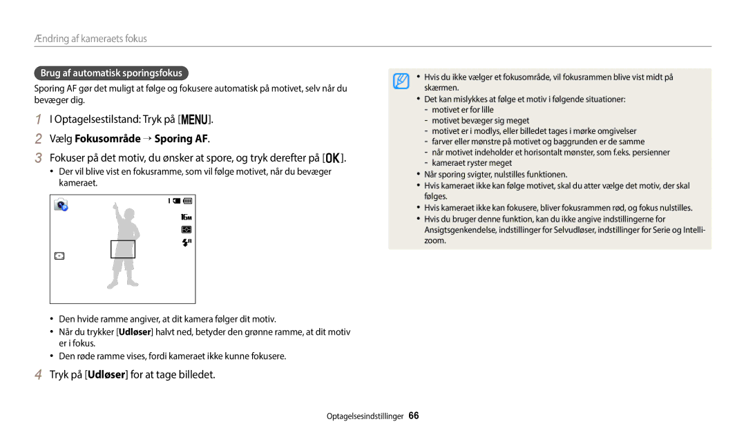 Samsung EC-ST150FBPPE2, EC-ST72ZZBPWE2, EC-ST150FBPWE2 manual Vælg Fokusområde → Sporing AF, Brug af automatisk sporingsfokus 