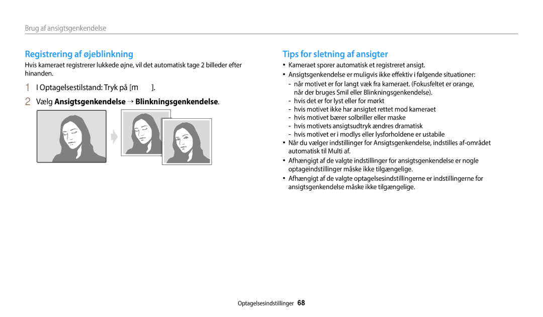 Samsung EC-ST72ZZBPBE2, EC-ST72ZZBPWE2, EC-ST150FBPPE2 manual Registrering af øjeblinkning, Tips for sletning af ansigter 