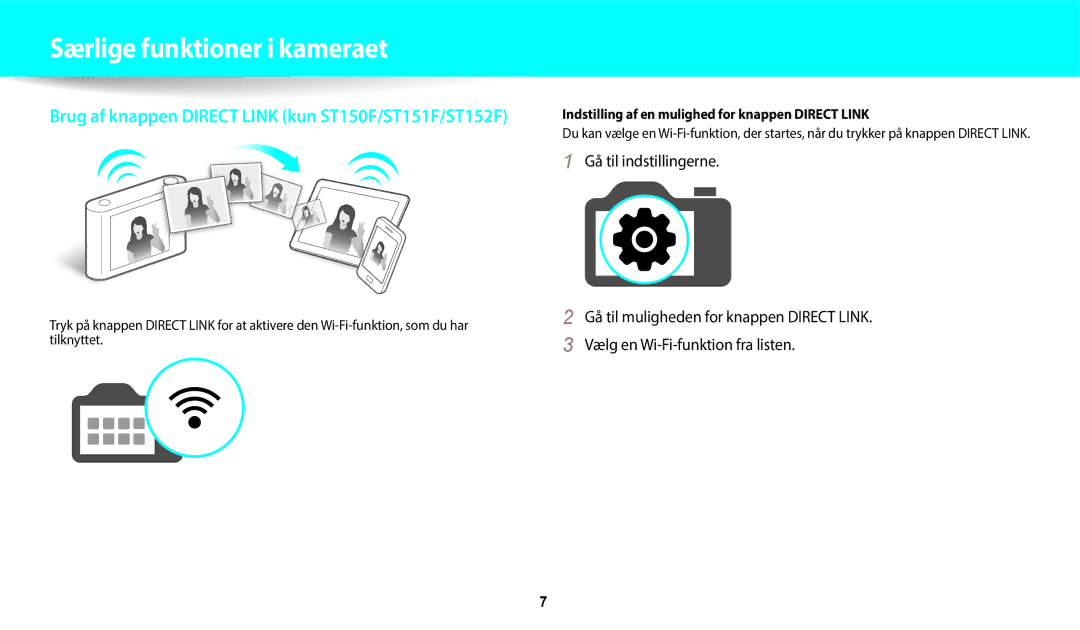 Samsung EC-ST150FBPWE2, EC-ST72ZZBPWE2 Særlige funktioner i kameraet, Indstilling af en mulighed for knappen Direct Link 