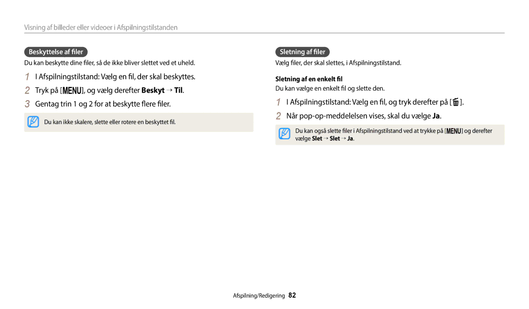 Samsung EC-ST72ZZBPLE2 manual Beskyttelse af filer, Sletning af filer, Vælg filer, der skal slettes, i Afspilningstilstand 