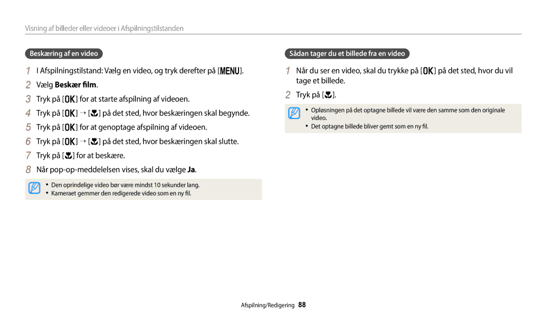 Samsung EC-ST72ZZBPLE2 Afspilningstilstand Vælg en video, og tryk derefter på m, Vælg Beskær film, Beskæring af en video 