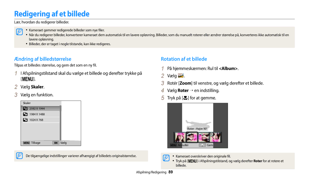 Samsung EC-ST72ZZBPWE2, EC-ST150FBPPE2 manual Redigering af et billede, Ændring af billedstørrelse, Rotation af et billede 