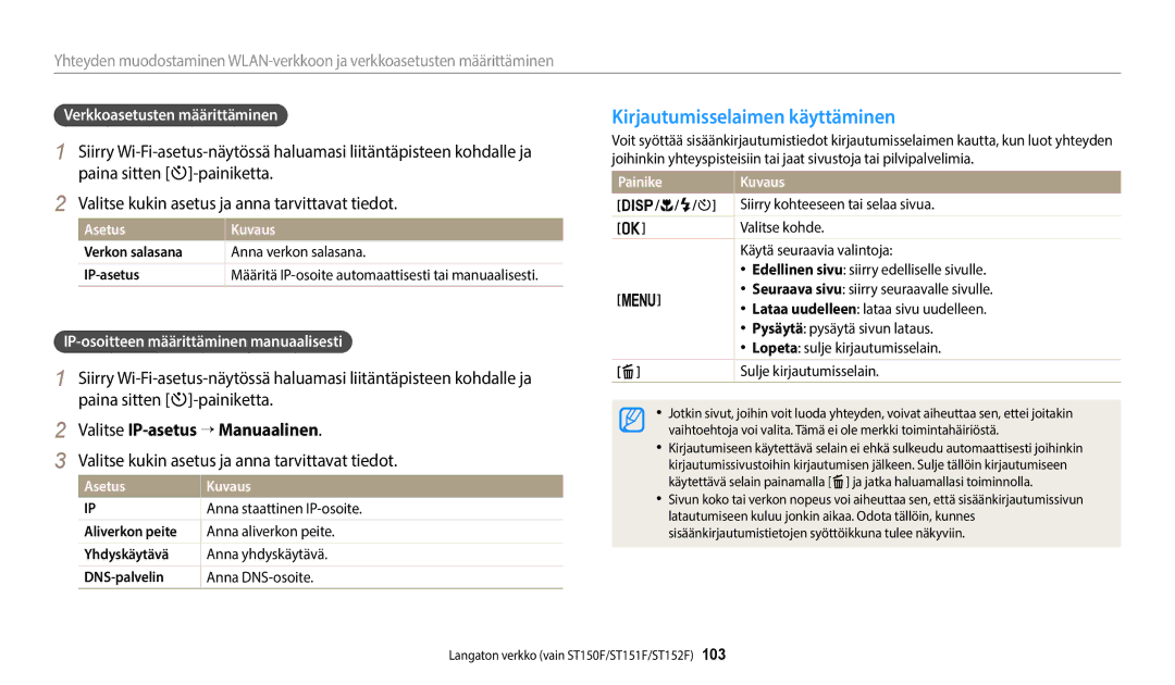 Samsung EC-ST150FBPWE2 manual Kirjautumisselaimen käyttäminen, Paina sitten t-painiketta, Valitse IP-asetus → Manuaalinen 