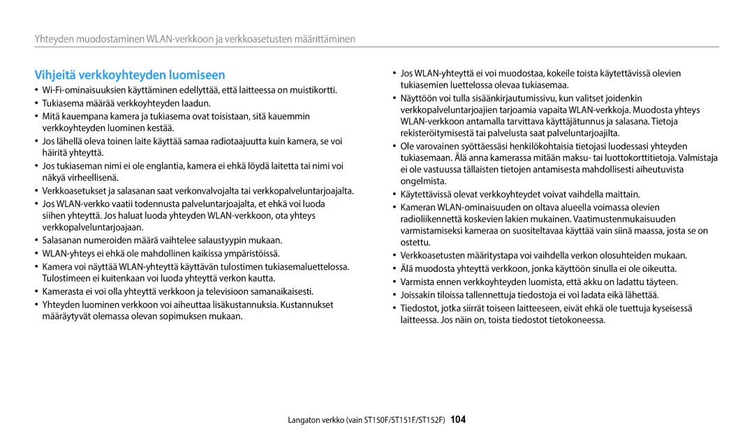 Samsung EC-ST72ZZBPBE2, EC-ST72ZZBPWE2, EC-ST150FBPPE2, EC-ST150FBPWE2, EC-ST150FBPBE2 manual Vihjeitä verkkoyhteyden luomiseen 