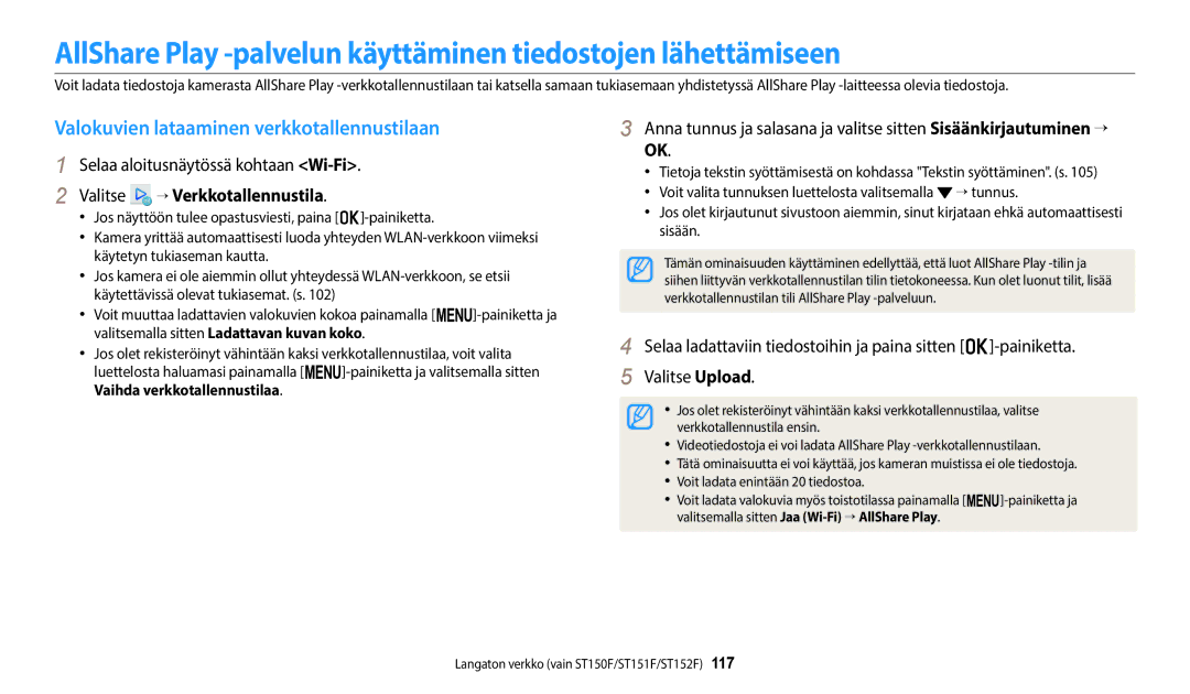 Samsung EC-ST150FBPBE2, EC-ST72ZZBPWE2 Valokuvien lataaminen verkkotallennustilaan, Selaa aloitusnäytössä kohtaan Wi-Fi 