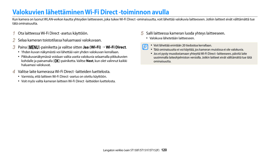 Samsung EC-ST150FBPPE2 manual Valokuvien lähettäminen Wi-Fi Direct -toiminnon avulla, Valokuva lähetetään laitteeseen 