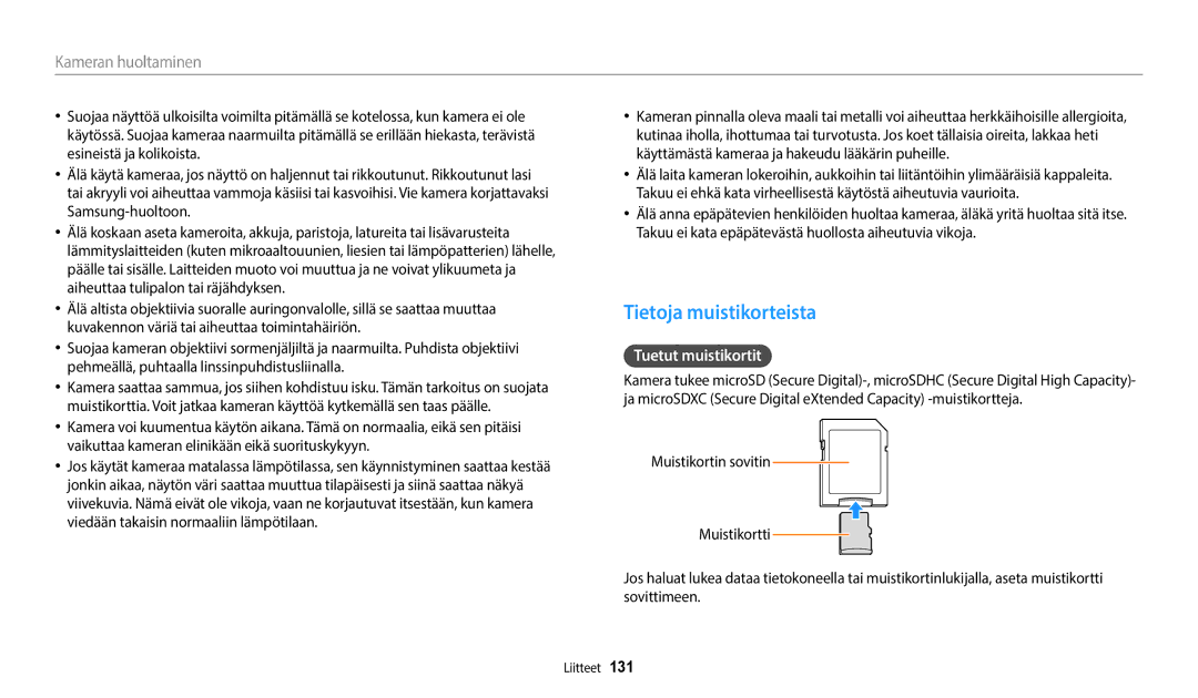 Samsung EC-ST72ZZBPWE2, EC-ST150FBPPE2, EC-ST150FBPWE2, EC-ST72ZZBPBE2 manual Tietoja muistikorteista, Tuetut muistikortit 