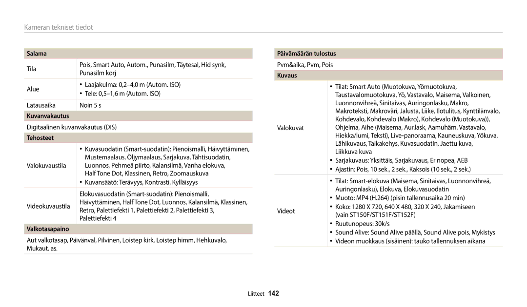 Samsung EC-ST72ZZBPLE2, EC-ST72ZZBPWE2, EC-ST150FBPPE2 manual Salama, Kuvanvakautus, Tehosteet, Päivämäärän tulostus 