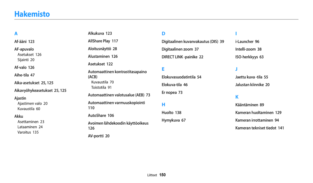 Samsung EC-ST150FBPPE2 manual Hakemisto, Asetukset Sijainti, Ajastimen valo Kuvaustila, Asettaminen Lataaminen Varoitus 